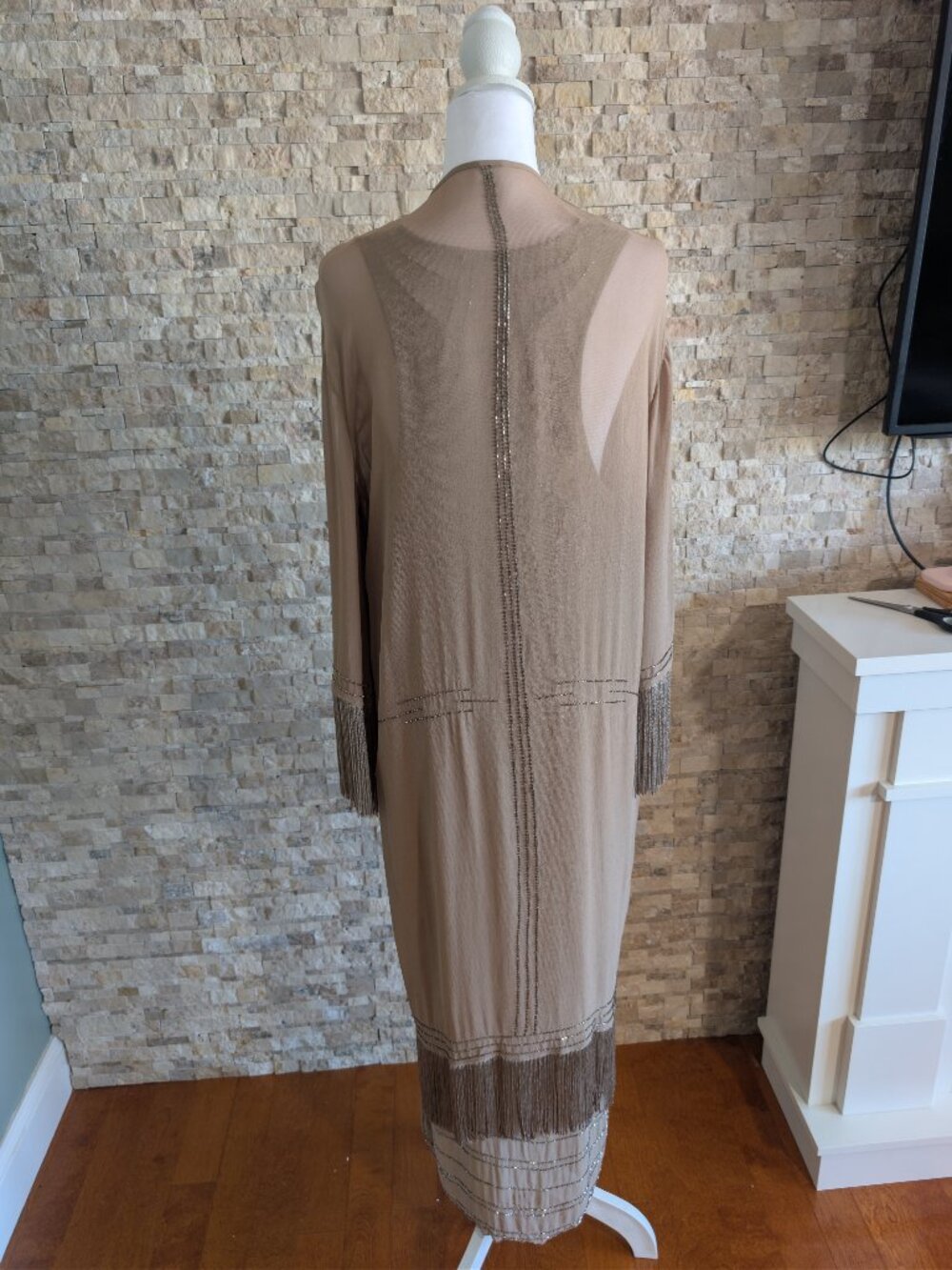Chan Luu Beaded Maxi Dress Cardigan Set Tan Chiffon Fringe Racerback Slit L - Picture 6 of 16